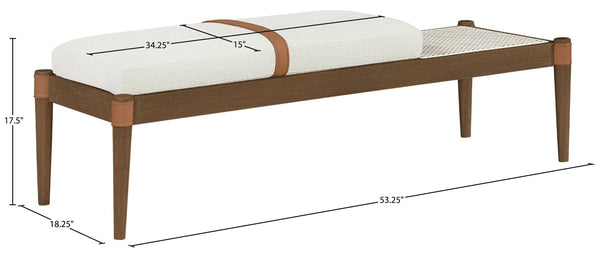 Meridian Furniture Nara Art Deco Upholstered Bench with Cane Detail Wood Frame and Vegan Leather Straps Cream A 33035Cream