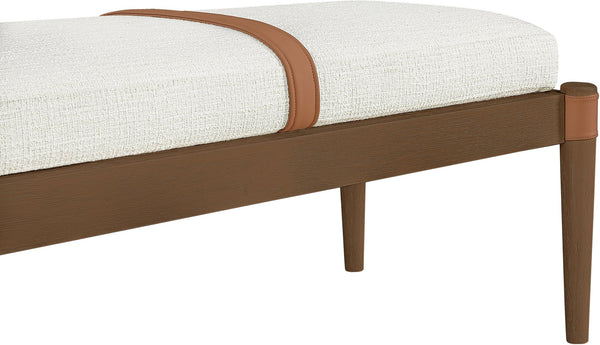 Meridian Furniture Nara Art Deco Upholstered Bench with Cane Detail Wood Frame and Vegan Leather Straps Cream A 33035Cream