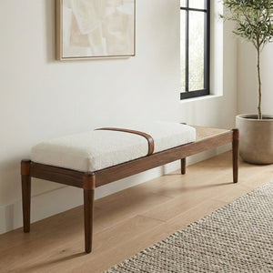 Meridian Furniture Nara Art Deco Upholstered Bench with Cane Detail Wood Frame and Vegan Leather Straps Cream A 33035Cream