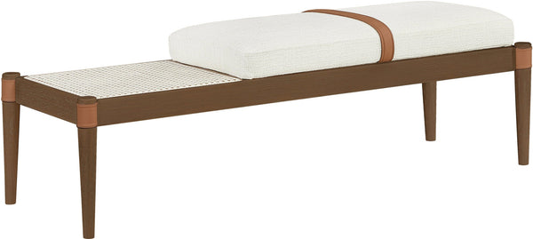 Meridian Furniture Nara Art Deco Upholstered Bench with Cane Detail Wood Frame and Vegan Leather Straps Cream A 33035Cream