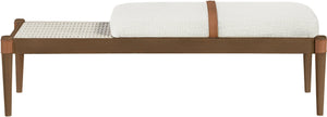 Meridian Furniture Nara Art Deco Upholstered Bench with Cane Detail Wood Frame and Vegan Leather Straps Cream A 33035Cream