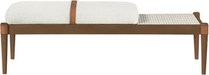 Meridian Furniture Nara Art Deco Upholstered Bench with Cane Detail Wood Frame and Vegan Leather Straps Cream A 33035Cream