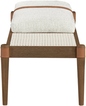 Meridian Furniture Nara Art Deco Upholstered Bench with Cane Detail Wood Frame and Vegan Leather Straps Cream A 33035Cream