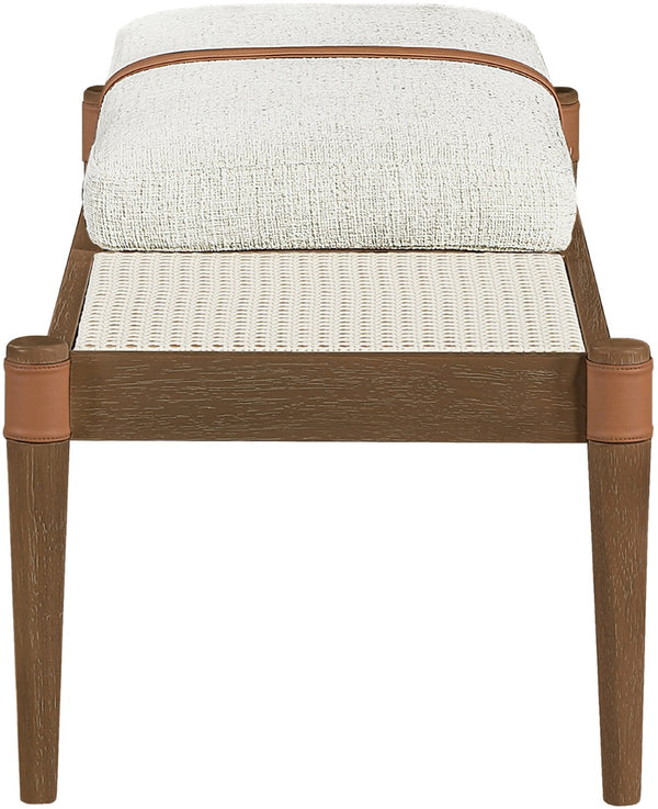 Meridian Furniture Nara Art Deco Upholstered Bench with Cane Detail Wood Frame and Vegan Leather Straps Cream A 33035Cream