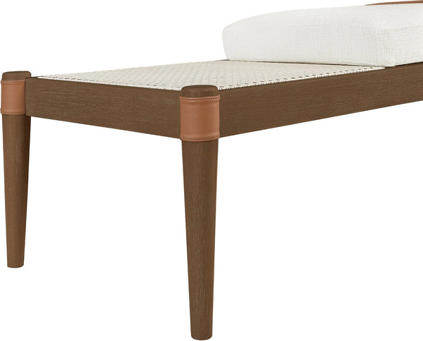 Meridian Furniture Nara Art Deco Upholstered Bench with Cane Detail Wood Frame and Vegan Leather Straps Cream A 33035Cream