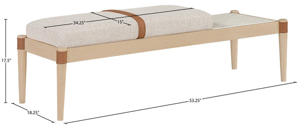 Meridian Furniture Nara Art Deco Upholstered Bench with Cane Detail Wood Frame and Vegan Leather Straps Beige B 33036Beige