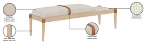 Meridian Furniture Nara Art Deco Upholstered Bench with Cane Detail Wood Frame and Vegan Leather Straps Beige B 33036Beige
