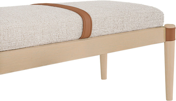 Meridian Furniture Nara Art Deco Upholstered Bench with Cane Detail Wood Frame and Vegan Leather Straps Beige B 33036Beige