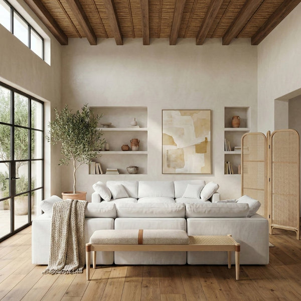 Meridian Furniture Nara Art Deco Upholstered Bench with Cane Detail Wood Frame and Vegan Leather Straps Beige B 33036Beige