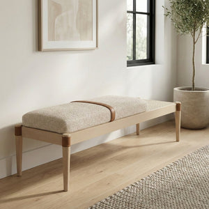 Meridian Furniture Nara Art Deco Upholstered Bench with Cane Detail Wood Frame and Vegan Leather Straps Beige B 33036Beige