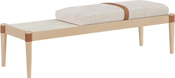 Meridian Furniture Nara Art Deco Upholstered Bench with Cane Detail Wood Frame and Vegan Leather Straps Beige B 33036Beige