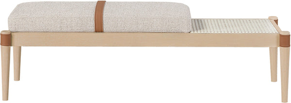 Meridian Furniture Nara Art Deco Upholstered Bench with Cane Detail Wood Frame and Vegan Leather Straps Beige B 33036Beige