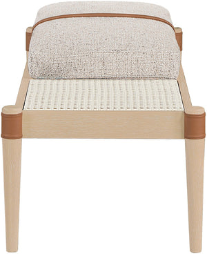 Meridian Furniture Nara Art Deco Upholstered Bench with Cane Detail Wood Frame and Vegan Leather Straps Beige B 33036Beige