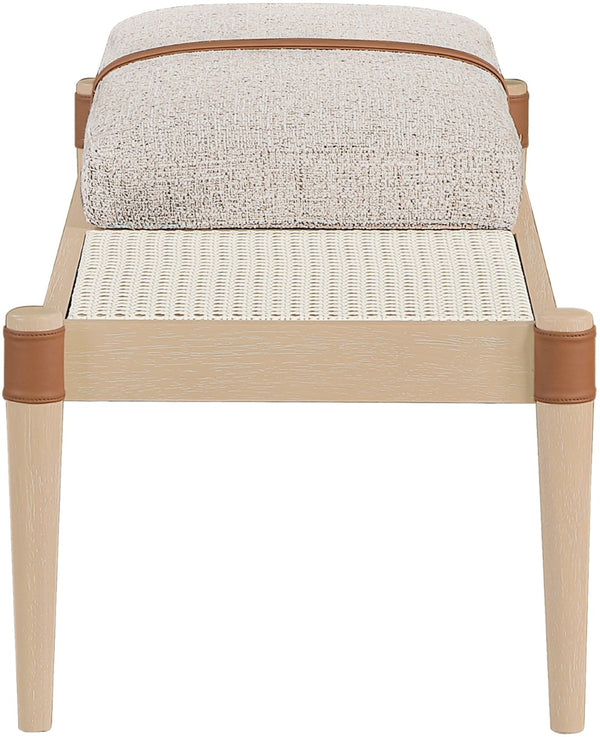 Meridian Furniture Nara Art Deco Upholstered Bench with Cane Detail Wood Frame and Vegan Leather Straps Beige B 33036Beige