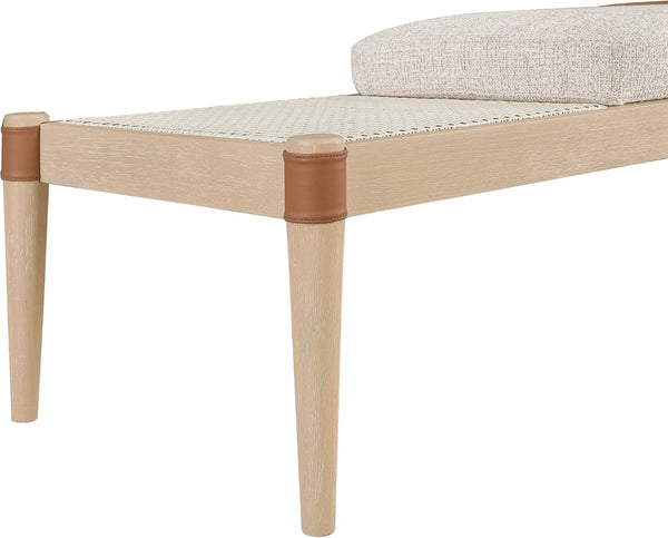 Meridian Furniture Nara Art Deco Upholstered Bench with Cane Detail Wood Frame and Vegan Leather Straps Beige B 33036Beige