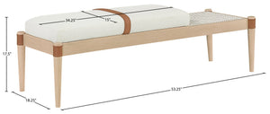 Meridian Furniture Nara Art Deco Upholstered Bench with Cane Detail Wood Frame and Vegan Leather Straps Cream B 33036Cream