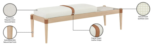 Meridian Furniture Nara Art Deco Upholstered Bench with Cane Detail Wood Frame and Vegan Leather Straps Cream B 33036Cream