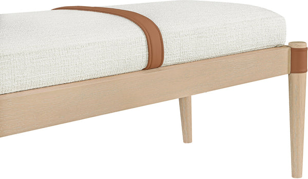 Meridian Furniture Nara Art Deco Upholstered Bench with Cane Detail Wood Frame and Vegan Leather Straps Cream B 33036Cream