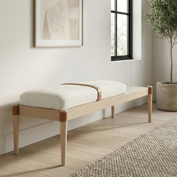 Meridian Furniture Nara Art Deco Upholstered Bench with Cane Detail Wood Frame and Vegan Leather Straps Cream B 33036Cream