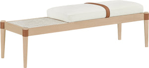 Meridian Furniture Nara Art Deco Upholstered Bench with Cane Detail Wood Frame and Vegan Leather Straps Cream B 33036Cream
