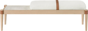 Meridian Furniture Nara Art Deco Upholstered Bench with Cane Detail Wood Frame and Vegan Leather Straps Cream B 33036Cream