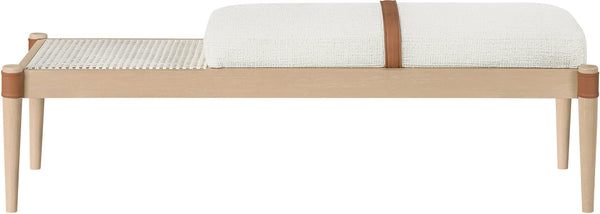 Meridian Furniture Nara Art Deco Upholstered Bench with Cane Detail Wood Frame and Vegan Leather Straps Cream B 33036Cream