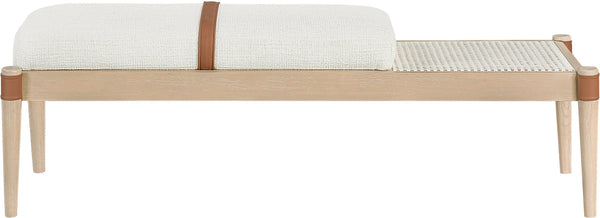 Meridian Furniture Nara Art Deco Upholstered Bench with Cane Detail Wood Frame and Vegan Leather Straps Cream B 33036Cream