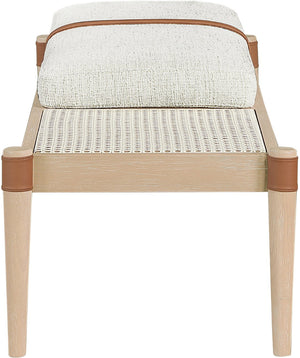 Meridian Furniture Nara Art Deco Upholstered Bench with Cane Detail Wood Frame and Vegan Leather Straps Cream B 33036Cream
