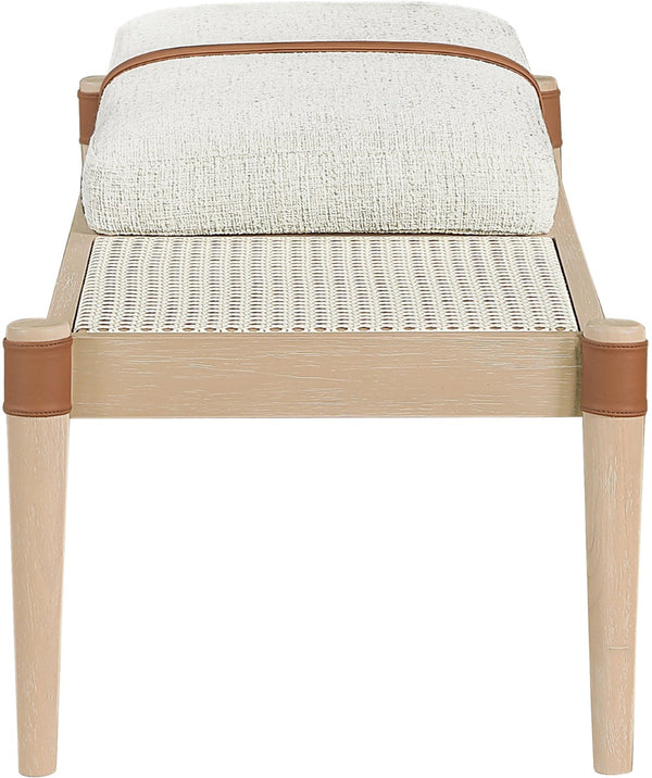 Meridian Furniture Nara Art Deco Upholstered Bench with Cane Detail Wood Frame and Vegan Leather Straps Cream B 33036Cream