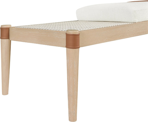 Meridian Furniture Nara Art Deco Upholstered Bench with Cane Detail Wood Frame and Vegan Leather Straps Cream B 33036Cream