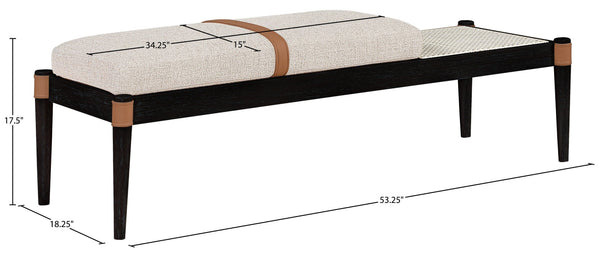 Meridian Furniture Nara Art Deco Upholstered Bench with Cane Detail Wood Frame and Vegan Leather Straps Beige C 33037Beige