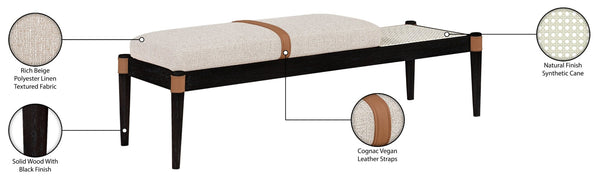 Meridian Furniture Nara Art Deco Upholstered Bench with Cane Detail Wood Frame and Vegan Leather Straps Beige C 33037Beige