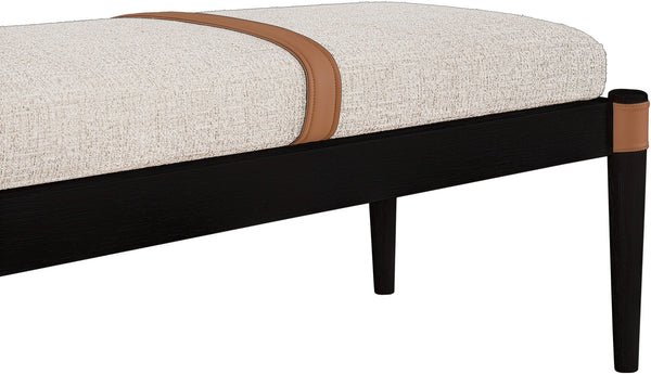 Meridian Furniture Nara Art Deco Upholstered Bench with Cane Detail Wood Frame and Vegan Leather Straps Beige C 33037Beige