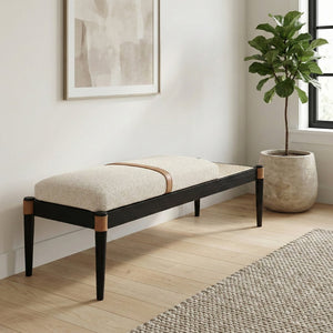 Meridian Furniture Nara Art Deco Upholstered Bench with Cane Detail Wood Frame and Vegan Leather Straps Beige C 33037Beige