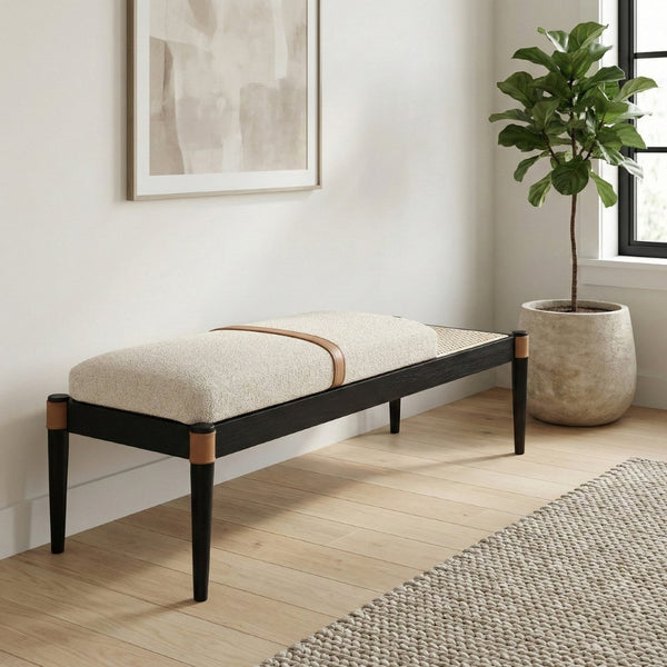 Meridian Furniture Nara Art Deco Upholstered Bench with Cane Detail Wood Frame and Vegan Leather Straps Beige C 33037Beige
