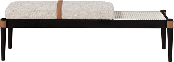 Meridian Furniture Nara Art Deco Upholstered Bench with Cane Detail Wood Frame and Vegan Leather Straps Beige C 33037Beige