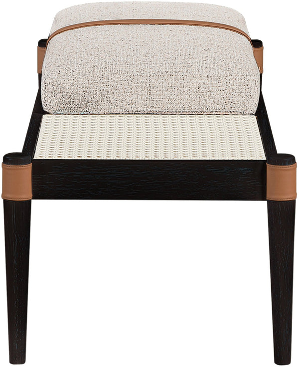 Meridian Furniture Nara Art Deco Upholstered Bench with Cane Detail Wood Frame and Vegan Leather Straps Beige C 33037Beige
