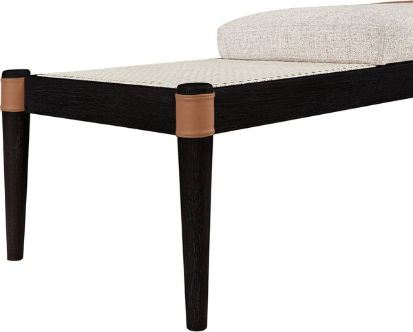 Meridian Furniture Nara Art Deco Upholstered Bench with Cane Detail Wood Frame and Vegan Leather Straps Beige C 33037Beige