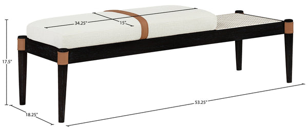 Meridian Furniture Nara Art Deco Upholstered Bench with Cane Detail Wood Frame and Vegan Leather Straps Cream C 33037Cream