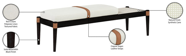 Meridian Furniture Nara Art Deco Upholstered Bench with Cane Detail Wood Frame and Vegan Leather Straps Cream C 33037Cream