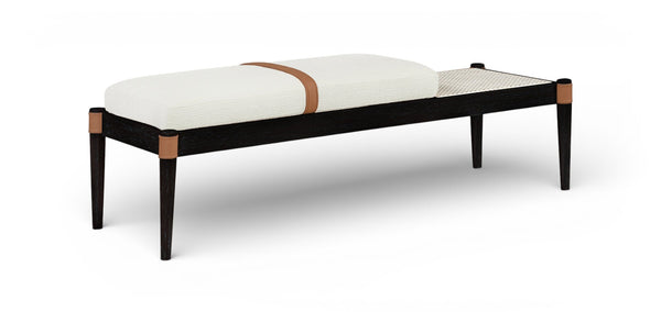 Meridian Furniture Nara Art Deco Upholstered Bench with Cane Detail Wood Frame and Vegan Leather Straps Cream C 33037Cream