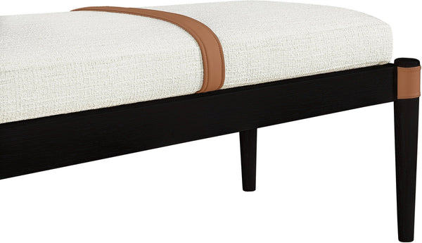 Meridian Furniture Nara Art Deco Upholstered Bench with Cane Detail Wood Frame and Vegan Leather Straps Cream C 33037Cream
