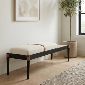 Meridian Furniture Nara Art Deco Upholstered Bench with Cane Detail Wood Frame and Vegan Leather Straps Cream C 33037Cream