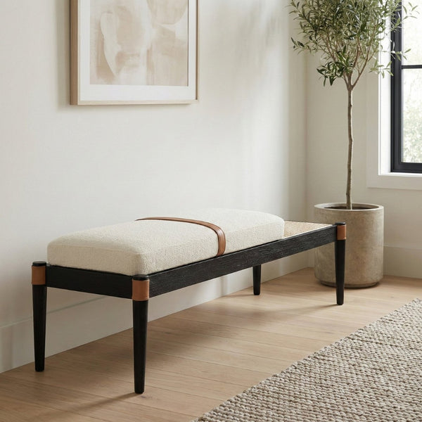 Meridian Furniture Nara Art Deco Upholstered Bench with Cane Detail Wood Frame and Vegan Leather Straps Cream C 33037Cream