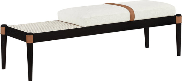 Meridian Furniture Nara Art Deco Upholstered Bench with Cane Detail Wood Frame and Vegan Leather Straps Cream C 33037Cream