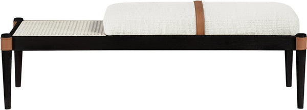 Meridian Furniture Nara Art Deco Upholstered Bench with Cane Detail Wood Frame and Vegan Leather Straps Cream C 33037Cream