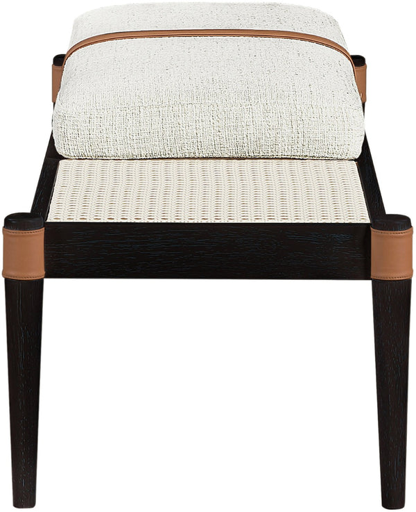 Meridian Furniture Nara Art Deco Upholstered Bench with Cane Detail Wood Frame and Vegan Leather Straps Cream C 33037Cream