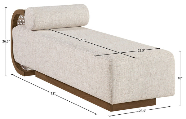 Meridian Furniture Zephyr Art Deco Linen Chaise Lounge with Cane Detail and Solid Wood Frame for Bedroom Sunroom Beige Style 1 33041Beige