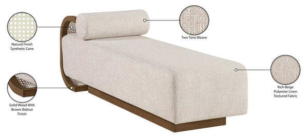 Meridian Furniture Zephyr Art Deco Linen Chaise Lounge with Cane Detail and Solid Wood Frame for Bedroom Sunroom Beige Style 1 33041Beige