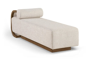Meridian Furniture Zephyr Art Deco Linen Chaise Lounge with Cane Detail and Solid Wood Frame for Bedroom Sunroom Beige Style 1 33041Beige